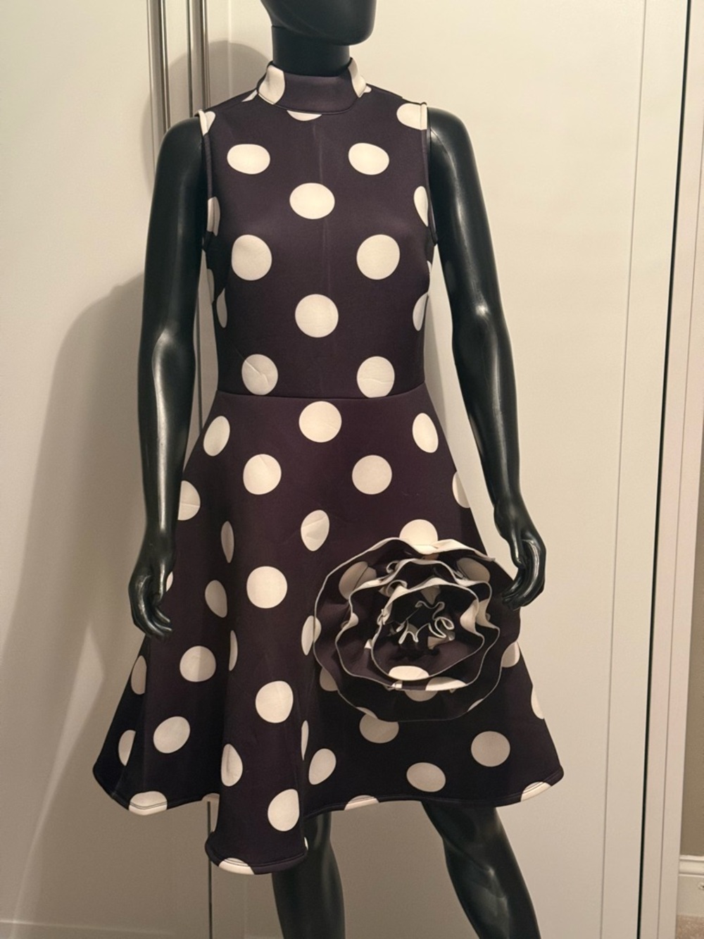 Sleeveless Black Polka Dot Fit & Flare Dress with Floral Accent